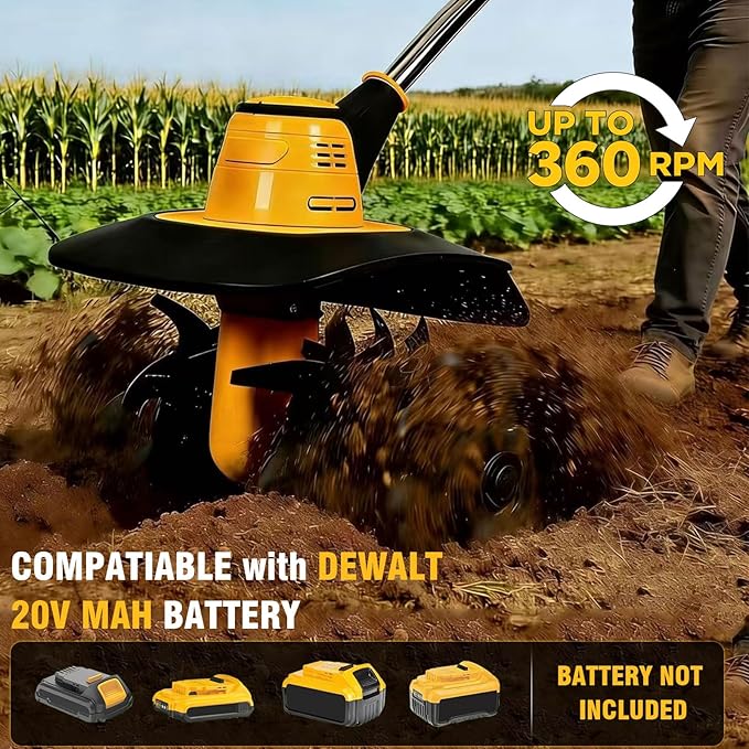 Cordless Tiller Cultivator Compatible with Dewalt 20V MAX Battery, Electric Garden Tiller w/360 RPM, 9In Tilling Width & 7In Depth, Rototiller for Lawn/Soil Cultivation (Battery Not Included)