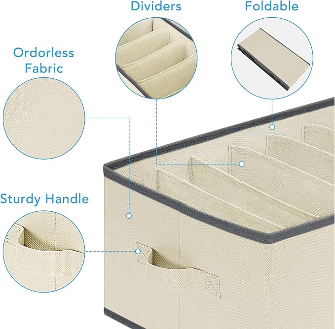 3 Pcs Large Size Wardrobe Clothes Organizers 6 Grids for Pants, Jeans, Sweater, T-shirt, Thin Coat, Dress Stackable Closet Drawer Organizer Storage Bin Container with Sturdy Handles, Beige