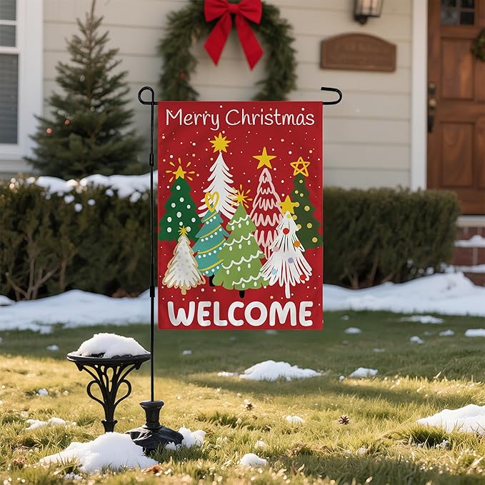 Christmas Decorations Outdoor - Xmas Tree Welcome Garden Flag | Christmas Party Decor Favors Supplies for Indoor Outside -Red Navidad Double-Side Backdrop Banner for Garden Porch Patio Lawn Yard,12x18