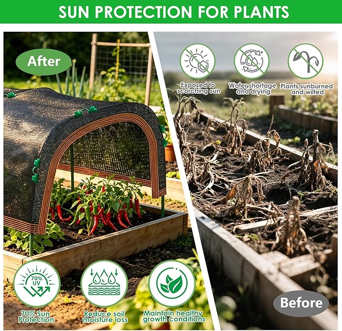 Upgraded 118"x79" Garden Shade Canopy Kit, 70% Garden Shade Cloth for Plants Heat Protection with 7 Sets Garden Hoops for Raised Beds, Plant Sun Shade Cover for Outdoor Plants Vegetables