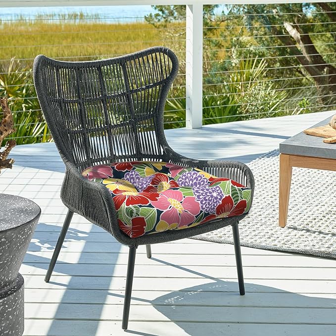 DYTXIII Set of 2 Outdoor Chair Cushions 19"x19"x4", Water Repellent Tufted Patio Seat Cushions with Ties, Thick Replacement Pads for Wicker Dining Chairs, Patio Furniture, Flower Bloom