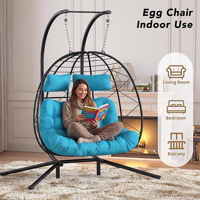 Easyego 2-Person Wicker Hanging Egg Chair with Stand- 700 lb Capacity, Indoor/Outdoor Double Egg Swing Hammock Chair for Patio, Garden, Porch, Living Room, Bedroom-Blue