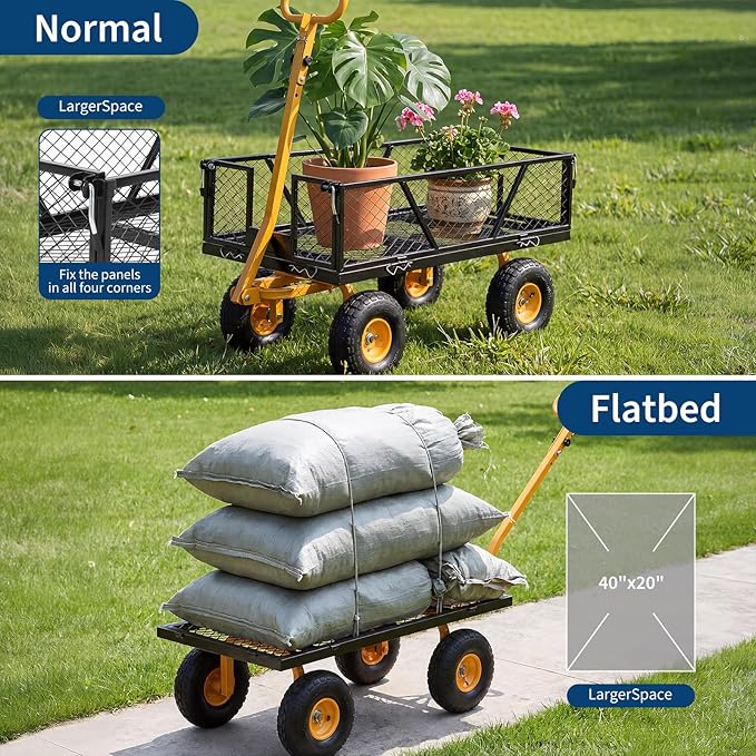 Heavy Duty Steel Garden Cart, 950 LBS Load Capacity Garden Wagon with 10 inch Tire and 180° Rotating Handle Attach to ATV or Tractor, Black