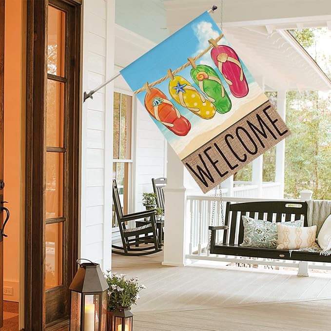 AVOIN colorlife Summer Beach Flip-flop House Flag 28x40 Inch Double Sided, Welcome Seasonal Holiday Burlap Yard Outdoor Decoration