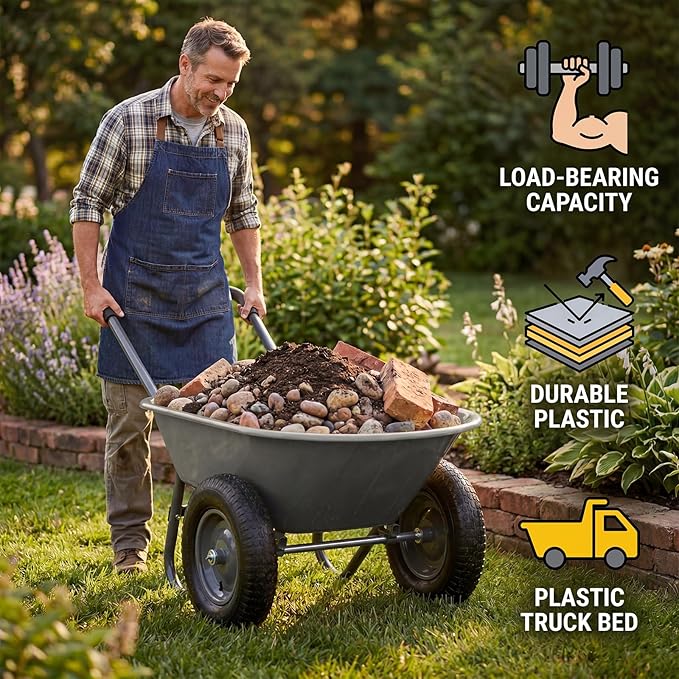 Garvee Wheelbarrow Garden Cart, Heavy Duty Home Utility, Dual-Wheel Home Garden Yard Utility Wheelbarrow Cart with Built-in Stand,(Grey)