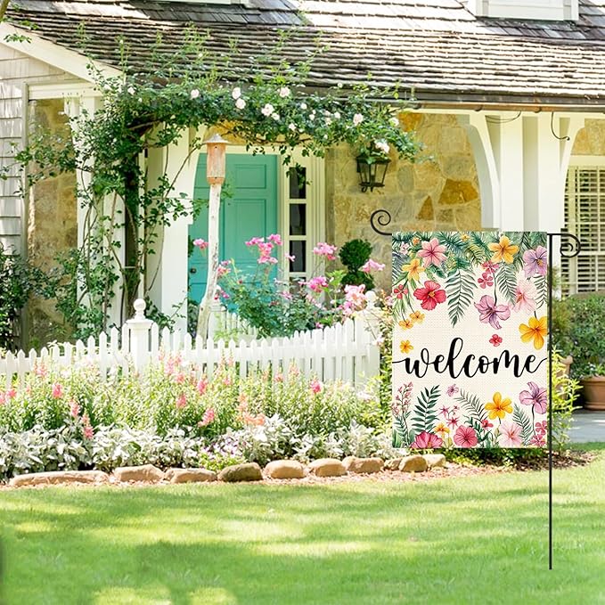 AVOIN colorlife Spring Summer Plumeria Flowers Garden Flag 12 x 18 Inch Double Sided, Seasonal Welcome Yard Outdoor Flag