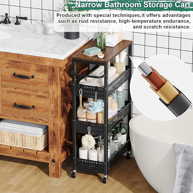 Laundry Room Slim Rolling Cart with Wheels for Between Washer and Dryer Gap | Utility Slim Storage Cart with Table Top, Small Laundry Organizers and Storage Shelves, Thin Shelf for Narrow Spaces, 4 Tier