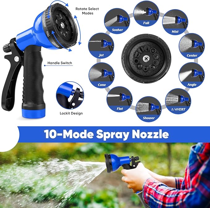 Garden Hose 50 ft, Stainless Steel Metal Hose, Flexible Water Hose with 10 Function Nozzle, Kink Free, Leak-Proof, Heavy Duty Hose for Yard, Outdoor, Lawn, RV, Car Wash and Camper Use