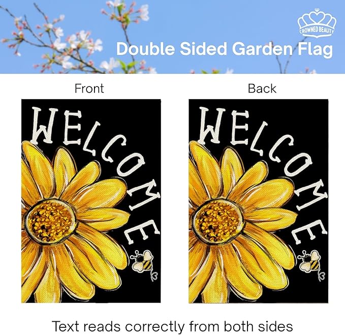 CROWNED BEAUTY Spring Summer Garden Flag Daisy Bee Welcome 12x18 Inch Double Sided Small Floral Seasonal Holiday Decoration for Outdoor Lawn Yard