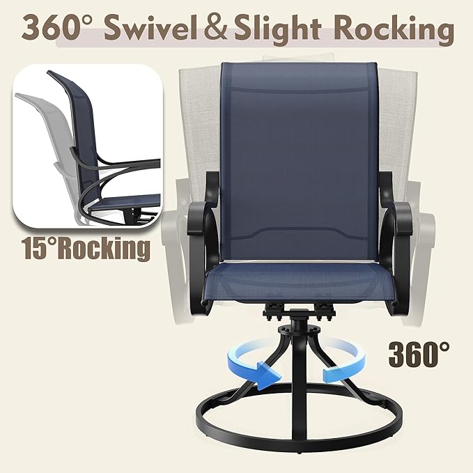Patio Swivel Chairs Set of 4, All Weather Outdoor Rocking Chair with Textilene Breathable Back, Metal Frame, Patio Dining Chair for Backyard, Garde, Porch and Deck (4, Dark Blue)