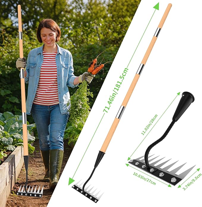 Iron Weed Rake with Wooden Long Handle 2.0, 8 Teeth Weed Puller Tool Heavy Duty, Manual Gardenia Weeding Rake Tool for Yard, Lawn and Garden, 71Inch