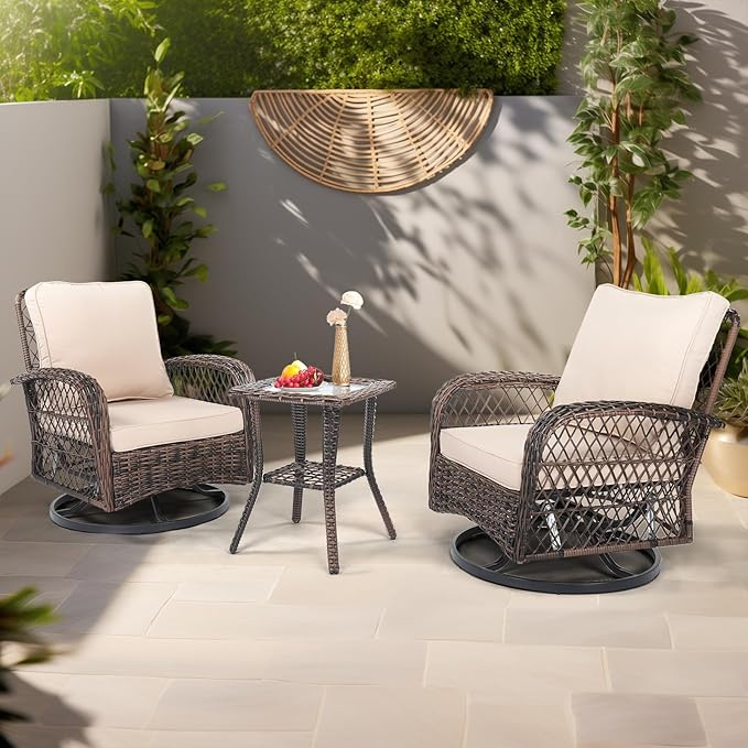 VINGLI 3 Pieces Patio Furniture Set, Patio Swivel Rocking Chairs Set of 2, Outdoor Bistro Set Swivel Rocker, Outdoor Porch Chairs and Bistro Table for Porch
