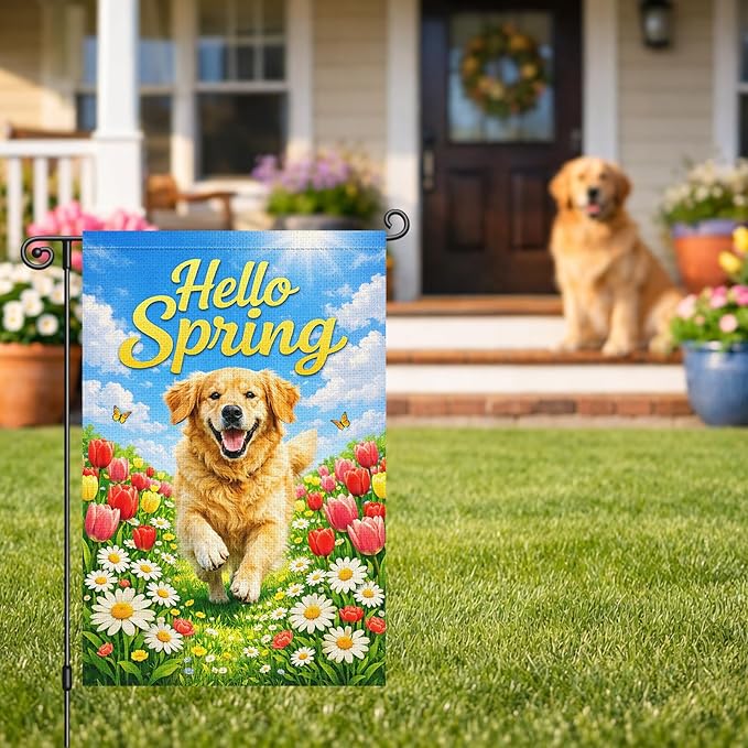 Heyfibro Hello Spring Garden Flag Double Sided 12x18 Inch Golden Retriever Floral Yard Flag for Outside Seasonal Dog Lover Outdoor Decor for Farmhouse Patio Porch