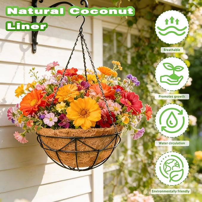 2 Pack 12 Inch Metal Outdoor Hanging Baskets Black Heavy Duty Hanging Planters with Coco Liners for Indoor Outdoor Plants Gardens Patios Terraces（Geometric）