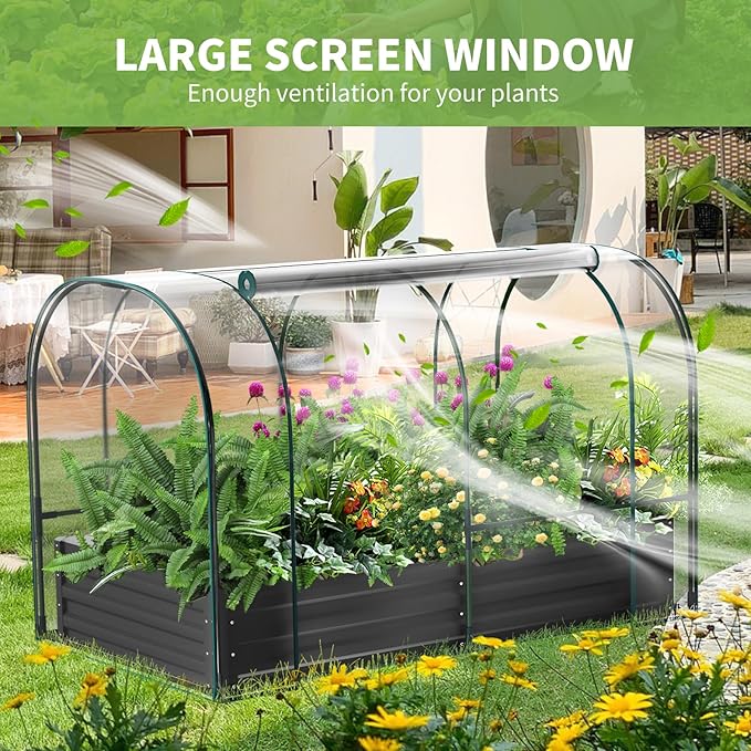 DoCred Galvanized Raised Garden Bed with PVC Cover, 72.8" x 37.4" x 47.2" Metal Planter Bottomless Box w/ Roll-Up Window, Mini Greenhouse Tent for Outdoor Growing Vegetables Flower Fruit