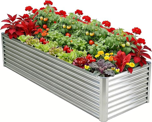 Galvanized Raised Garden Bed Kit Outdoor Patio,8x4x2ft Large Rectangular Metal Planter Boxes,Deep Root Box Planter for Gardening, Vegetables, Flowers, Herbs, 1 Pack, Silver