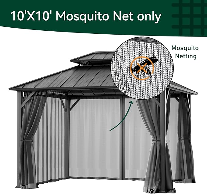 Covered Outdoor Universal Gazebo Mosquito Netting 10'x10' Replacement, 4-Panel Screen Walls with Double Zipper for Outdoor PatioCanopy Garden Gazebos, Dark Gray and Black