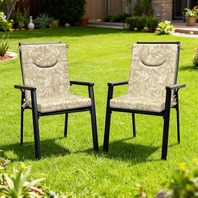 DYTXIII Outdoor High Back Chair Cushions Set of 2, 44x20 in Water Repellent Patio Seat Cushions with Elastic Sponge, All Weather Cushions for Rocking, Dining Chairs, Patio Furniture - Tropical Oat