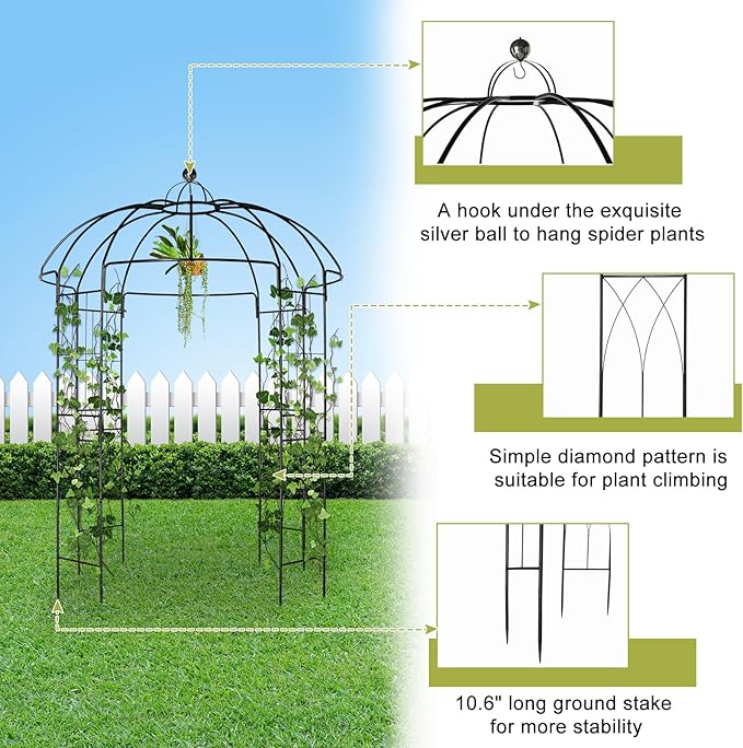 French Style Birdcage Shape Heavy Duty Gazebo,106.7''Highx 81.5''Wide,Pergola Pavilion Arch Arbor Arbour Plants Stand Rack for Wedding Outdoor Garden Lawn Backyard Patio,Climbing Vines,Roses,Black