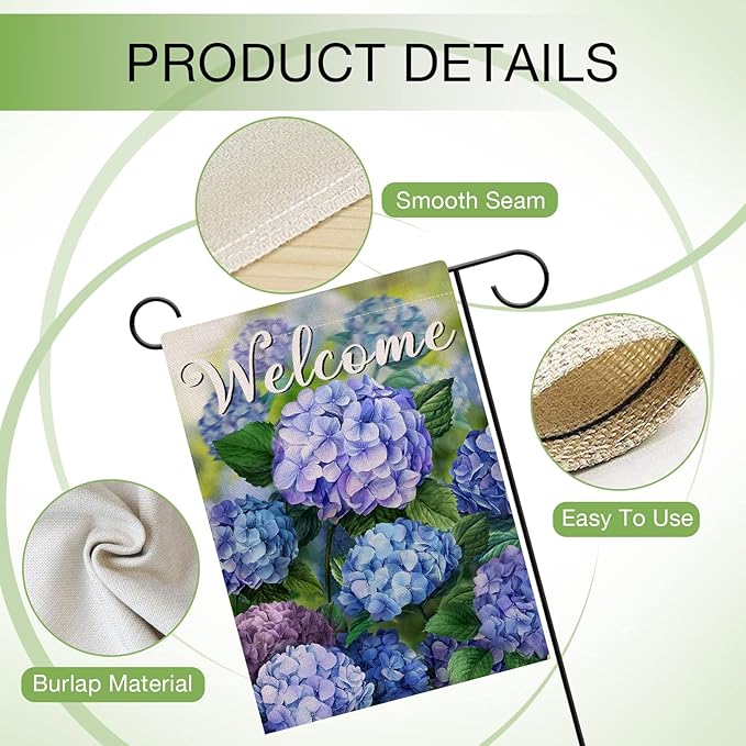 Hzppyz Welcome Spring Floral Flowers Garden Flag Double Sided, Hydrangea Decorative Yard Outdoor Home Small Decor, Summer Farmhouse Burlap Outside House Decoration 12 x 18