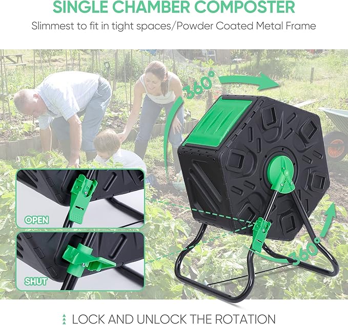 SUPER DEAL 18.5 Gallon Outdoor Compost Bin, Garden Tumbling Composter, Steel Frame BPA Free Material for Fast Creation of Fertile Soil, Easy to Assemble, Black