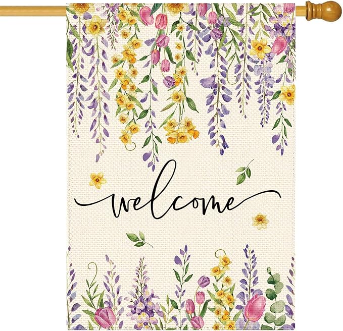 Spring Summer Wisteria Wildflowers Welcome House Flag 28 x 40 Inch Double Sided, Daffodils Floral Large Yard Garden Flags Holiday Farmhouse Flags for Patio Outdoor Outside Decoration
