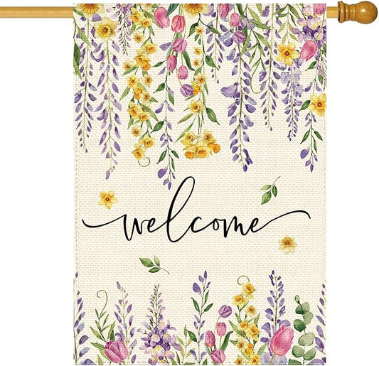 Spring Summer Wisteria Wildflowers Welcome House Flag 28 x 40 Inch Double Sided, Daffodils Floral Large Yard Garden Flags Holiday Farmhouse Flags for Patio Outdoor Outside Decoration