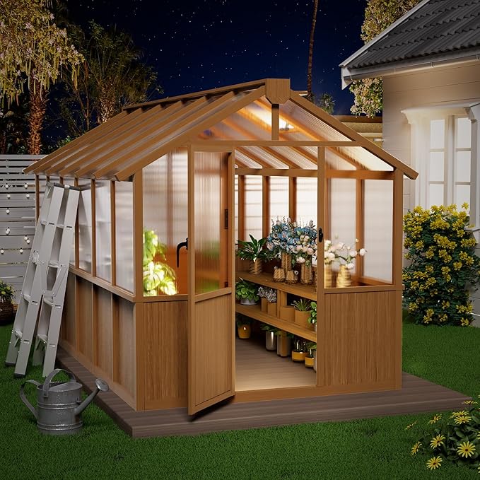 6x12 FT Wooden Greenhouse ,Natural Wood Garden House for Plants,Heavy Duty Green House with Polycarbonate Panel, Walk-in Large Garden Greenhouse for Yard, Patio, and Backyard