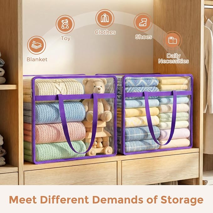 2 Pack Clear Storage Bags for Clothes, 45L Closet Organizers and Storage