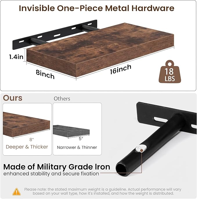 16x8in Floating Shelves 2 Pack, Wall Mount Display Shelf, Rustic Brown | Invisible Brackets, 18lb Sturdy MDF, 8in Deep Shelf, Easy Install, For Bedroom, Bathroom, Living Room, Kitchen & Office