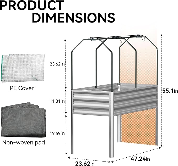 Lineware Galvanized Raised Garden Bed with Self-Watering System, Elevated Planter Boxes Outdoor with Legs and PE Cover for Vegetables and Flowers, Backyard, Patio, Balcony, 48x24x56 in