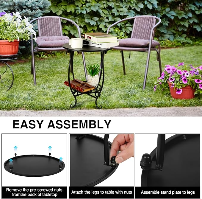 2 Tier Outdoor Side Table,14" Diameter and 17" H Weather Resistant Metal Round Outdoor End Table Side Table for Patio Yard Porch Balcony Garden Bedside,Suitable for Indoor and Outdoor use