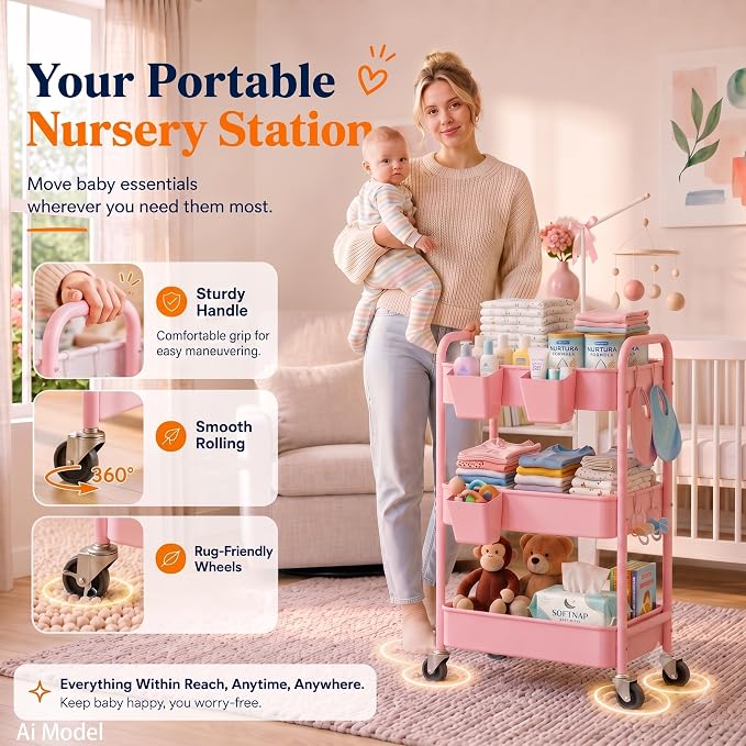 3 Tier Rolling Cart Metal with Lockable Wheels,Pink Baby Diaper Caddy Carts
