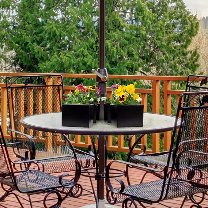 AuldHome Design Umbrella Planter for Patio Table (Black Square), w/Umbrella Hole, Enamelware Rectangular Planter Pots (Pack of 2)