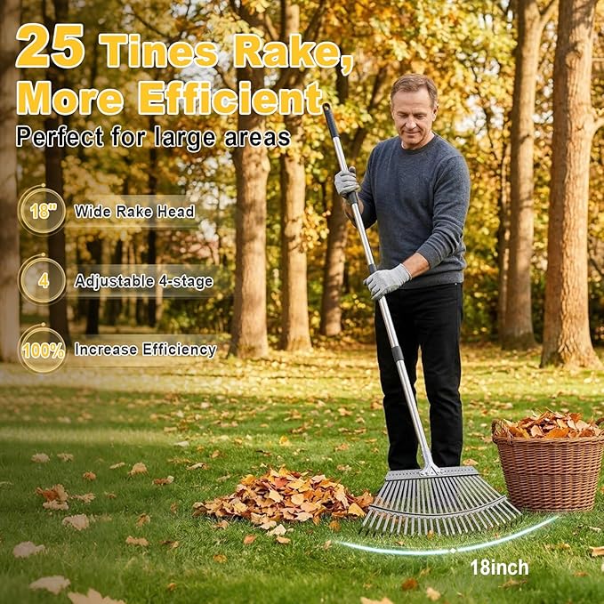 ARTIPOLY Adjustable Leaf Rake, 18-Inch Wide Heavy Duty Garden Rake with 62-Inch Long Handle, Large Metal Leaf Rake for Lawn Yard Grass, Flower Beds, Outdoor Use, Rastrillo para Jardin