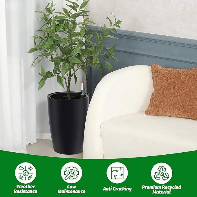16" Tall Round Planter Set of 2, Self Watering Pots, Large Planter for Indoor Outdoor Plants, Built-in Drainage and a Water Level Monitor, for Patio, Porch, Living Room, or Home Office, Black