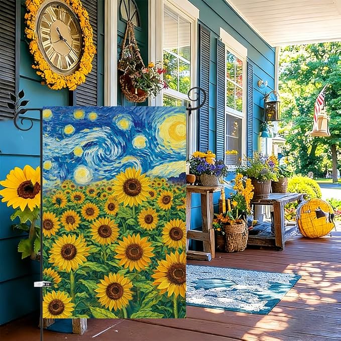 Baccessor Spring Summer Sunflowers Garden Flag 12.5x18 Inch Double Sided Burlap,Starry Night Flower Flag Yard Lawn Seasonal Farmhouse Outside Outdoor Decoration