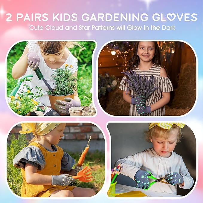 COOLJOB Glow in The Dark Kids Gardening Gloves for Age 3-5, 2 Pairs Children Reflective Yard Work Rubber Coated Gloves, Light Blue with Cloud & Moon, Purple with Stars, Small