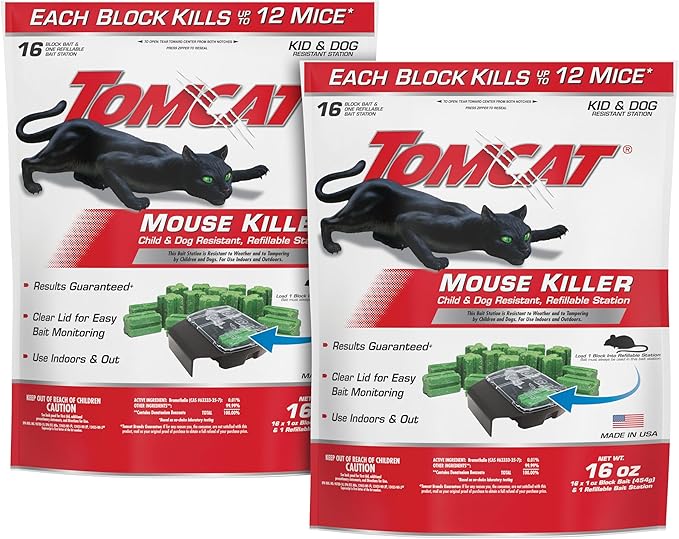 Tomcat Mouse Bait Station, 2 Packages Each with 1 Station & 16 Bait Blocks | Tomcat Mouse Killer, Child & Dog Resistant, Refillable Station - Indoor and Outdoor Use, Clear Lid for Easy Monitoring