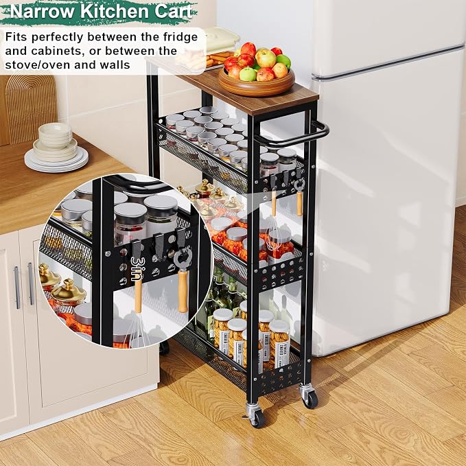 Laundry Room Slim Rolling Cart with Wheels for Between Washer and Dryer Gap | Utility Slim Storage Cart with Table Top, Small Laundry Organizers and Storage Shelves, Thin Shelf for Narrow Spaces, 4 Tier