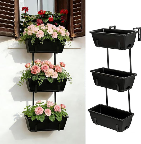 OYEAL Railing Planter Box 3 Tier Vertical Window Boxes Planter Outdoor with Adjustable Brackets & Rectangular Flower Pots Deck Railing Hanging Flower Pots for Patio, Lawn, Porch, Balcony Decor, Black