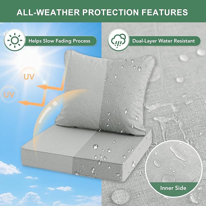 Summsun Patio Cushions for Outdoor Furniture, Faux Linen Water Resistant Backrest and Seat Cushion Set with Non-Slip Bottom, Straps, Removable Cover, 19 x 19 Inch, Light Grey, Set of 4