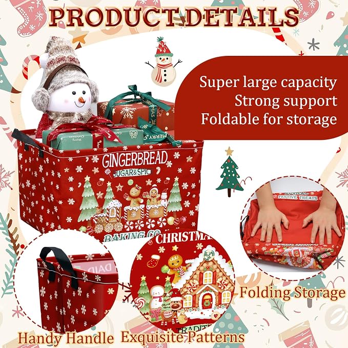 4 Pcs Gingerbread Man Christmas Basket Red Fabric Bins 15x10x8