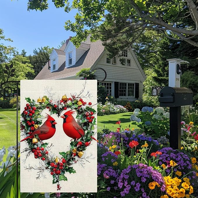 Spring Summer Cardinal Love Hearts Garden Flag 12x18 Double Sided, Welcome Yard Decor, Farmhouse Outdoor Flag for Lawn Patio Porch