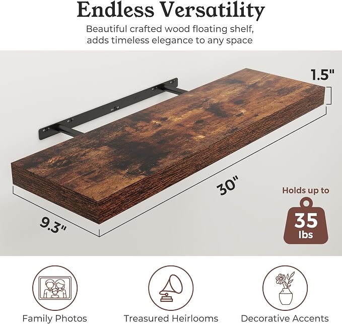 30" Brown Floating Shelves Wood Wall Shelf, Rustic Brown, Set of 2 | Wall Mounted Wood Shelves, For Bathroom, Bedroom, Living Room, Kitchen, Hanging Shelf for Books/Storage/Room Décor