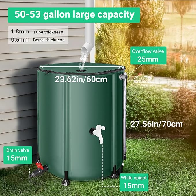 FAMIROSA 50 Gallon / 200L Rain Barrel, Collapsible Rain Barrels to Collect Rainwater from Gutter with Spigots and Overflow, 500D PVC Portable Rain Water Collection Catching System, Water Catcher Tank