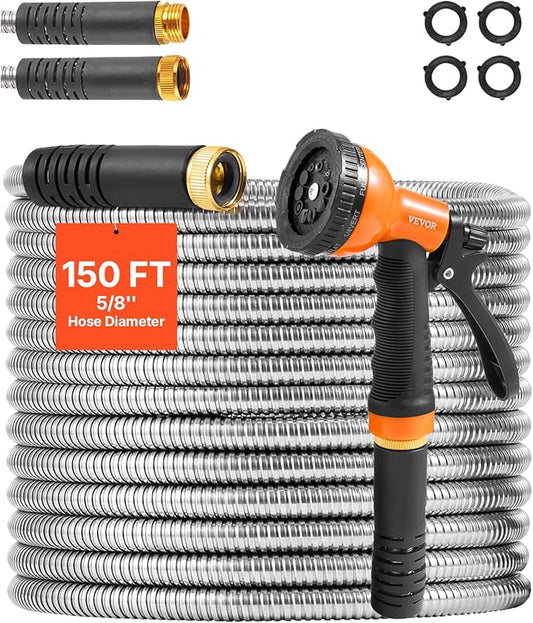 VEVOR Garden Hose Metal 150 ft, Rust Proof Stainless Steel Water Hose, Heavy Duty Backyard Hose with 10 Function Nozzle, No-Kink & Flexible Water Pipe, Lightweight Metal Hose for Yard, Outdoor