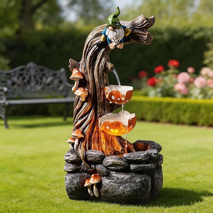Tolevoit Gnome Outdoor Water Fountain with Warm LED Lights, Cascading Mushroom Waterfall on Tree Stump, Whimsical Garden Decor & Yard Art for Patio, Lawn, Porch and Indoor Tabletop