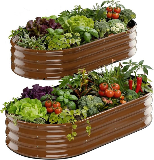 Rakukiri Raised Garden Bed Outdoor 2 Sets Oval Large Coating Metal Planter Box with No Heavy Metal for Vegetables, Flowers, Herbs