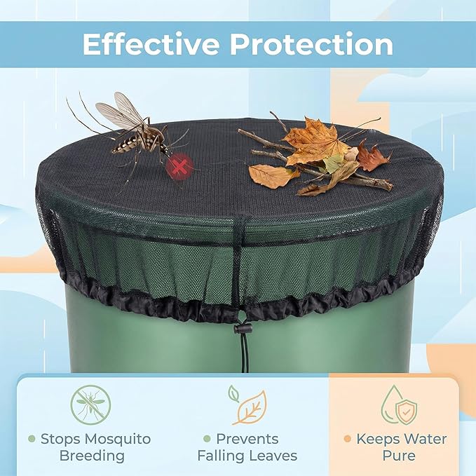 2PCS 39’’ Mesh Cover for Rain Barrel with Drawstring Water Collection Buckets Tank Net Cover Rain Barrels Protector for Preventing Fallen Leaves in Outdoor Garden Eaves(Black)